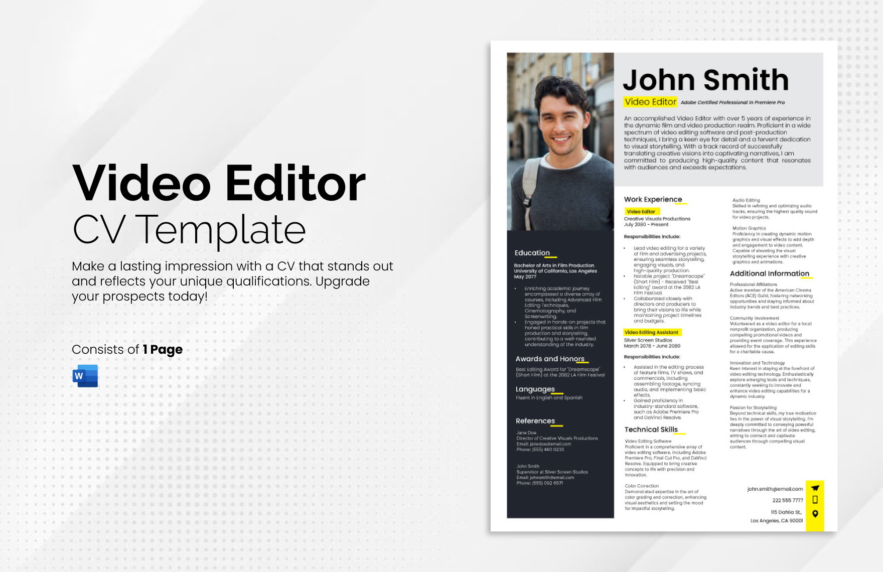 Free Video Editor CV Template in Word, Google Docs, PDF