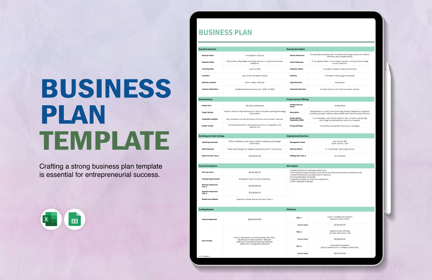 Business Plan Template in Excel, Google Sheets - Download | Template.net