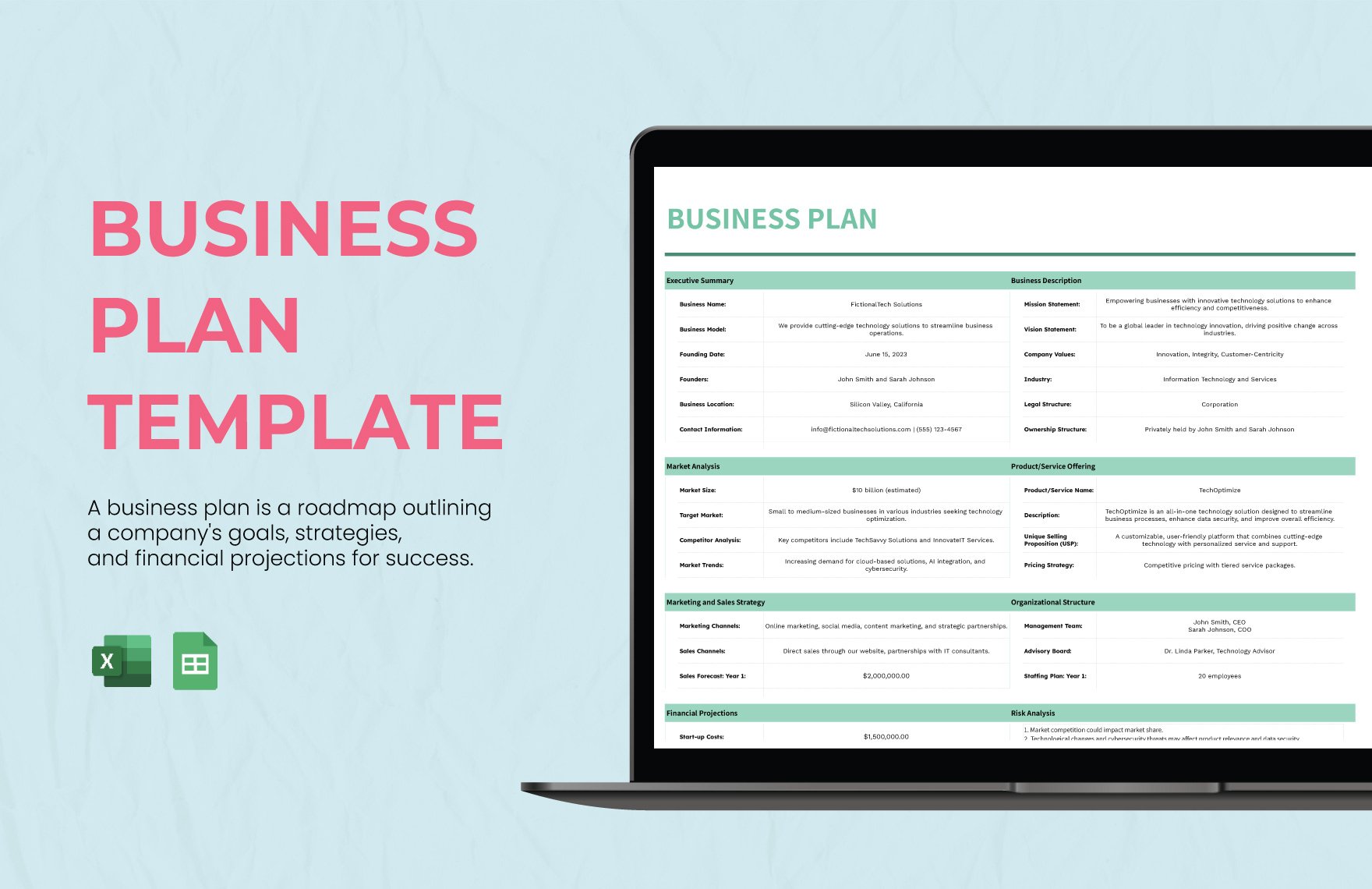 Business Plan Template in Excel, Google Sheets