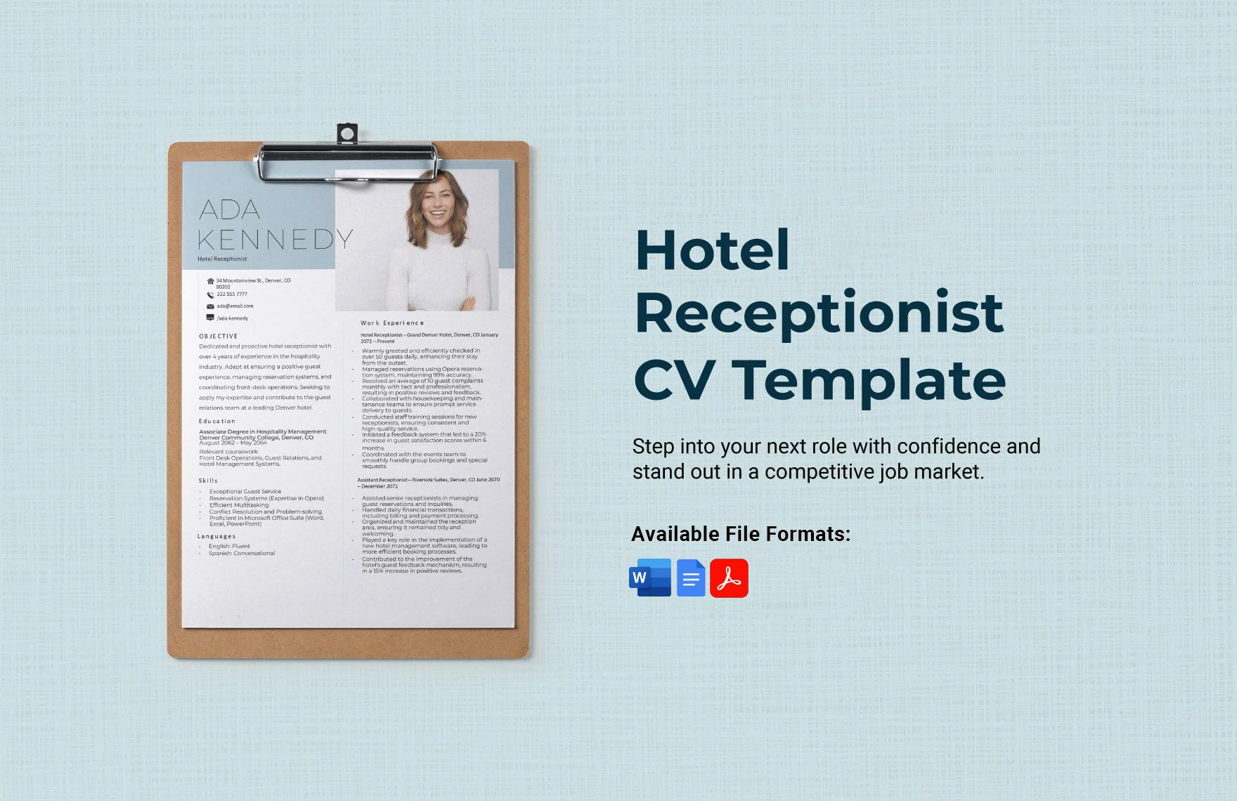 Hotel Receptionist CV Template in Word, Google Docs, PDF
