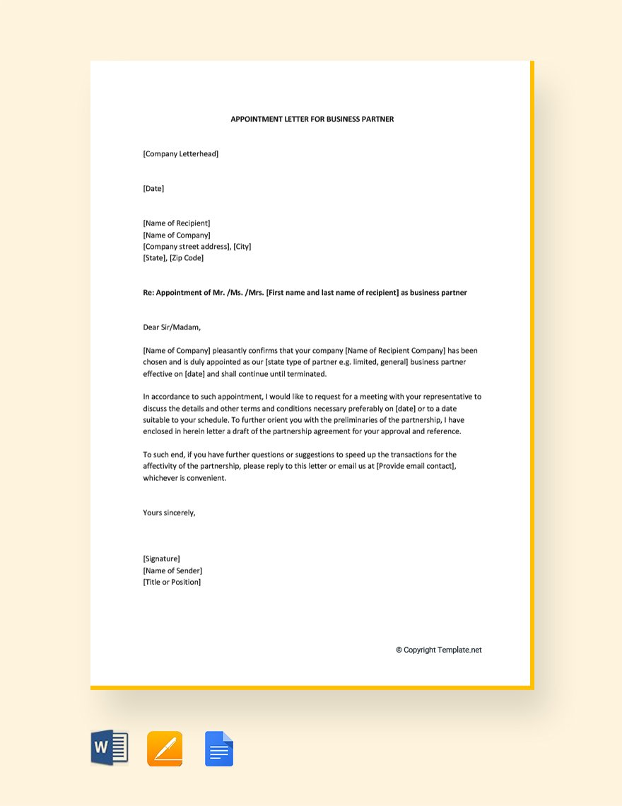 Free Appointment Letter For Business Partner Template