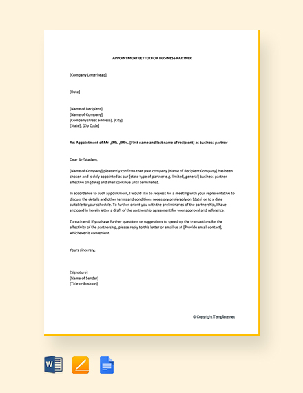 FREE Appointment Letter For Business Partner Template ...