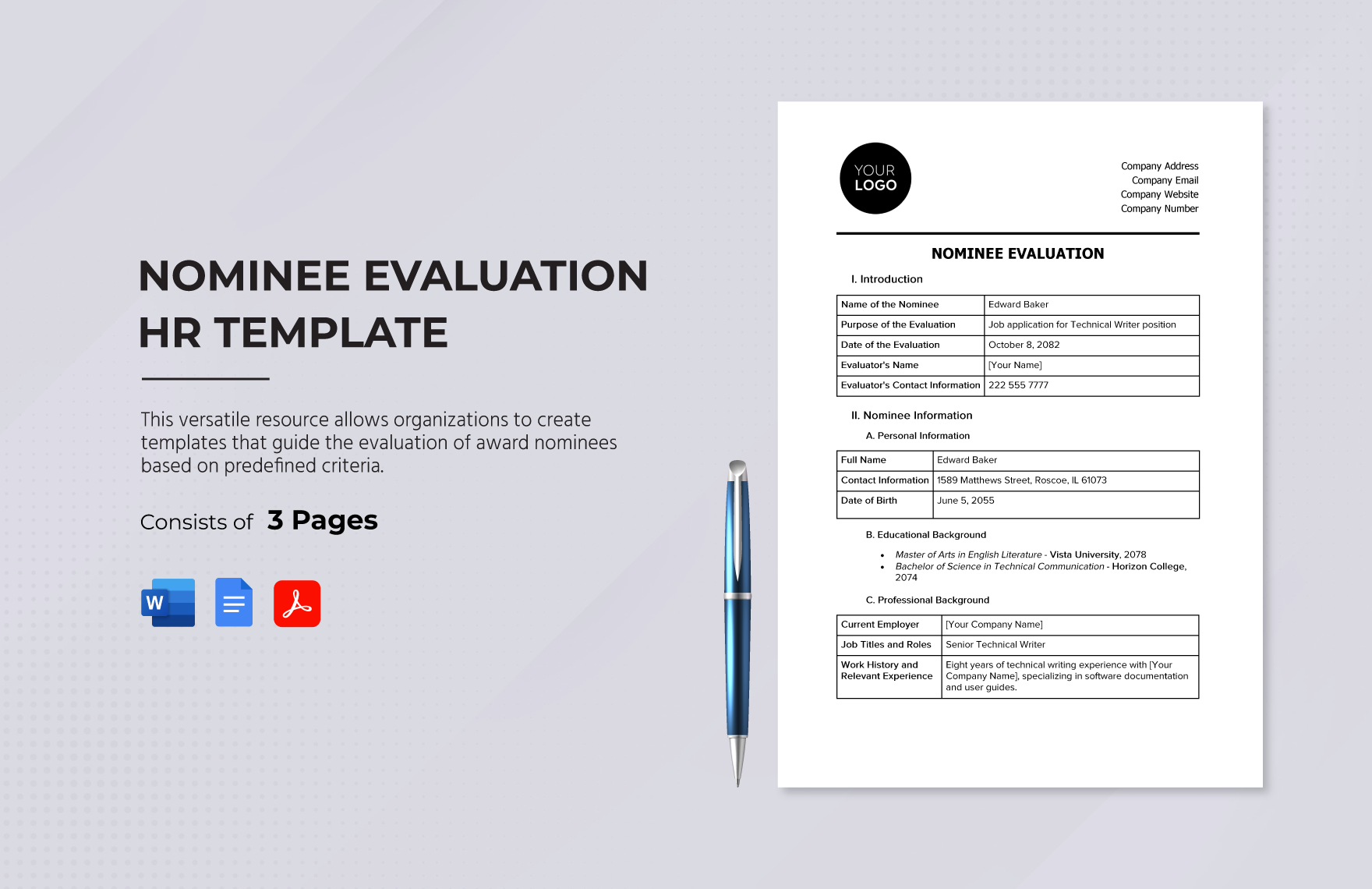 Nominee Evaluation HR Template in Word, Google Docs, PDF