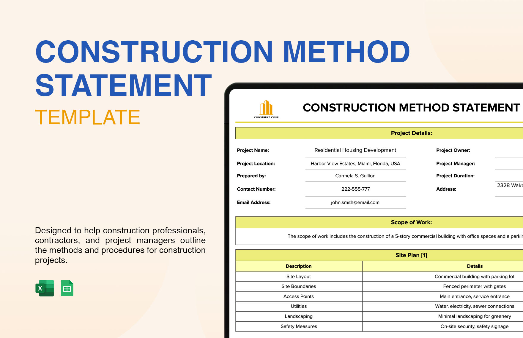 Construction Method Statement Template in Excel, Google Sheets - Download | Template.net