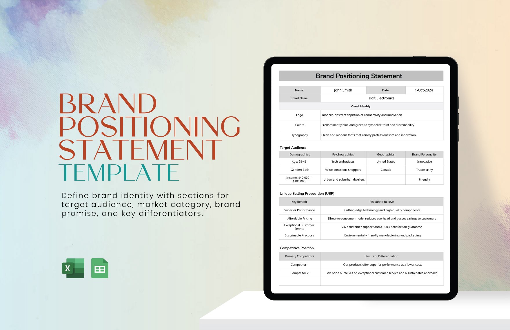 Free Brand Positioning Statement Template in Excel, Google Sheets