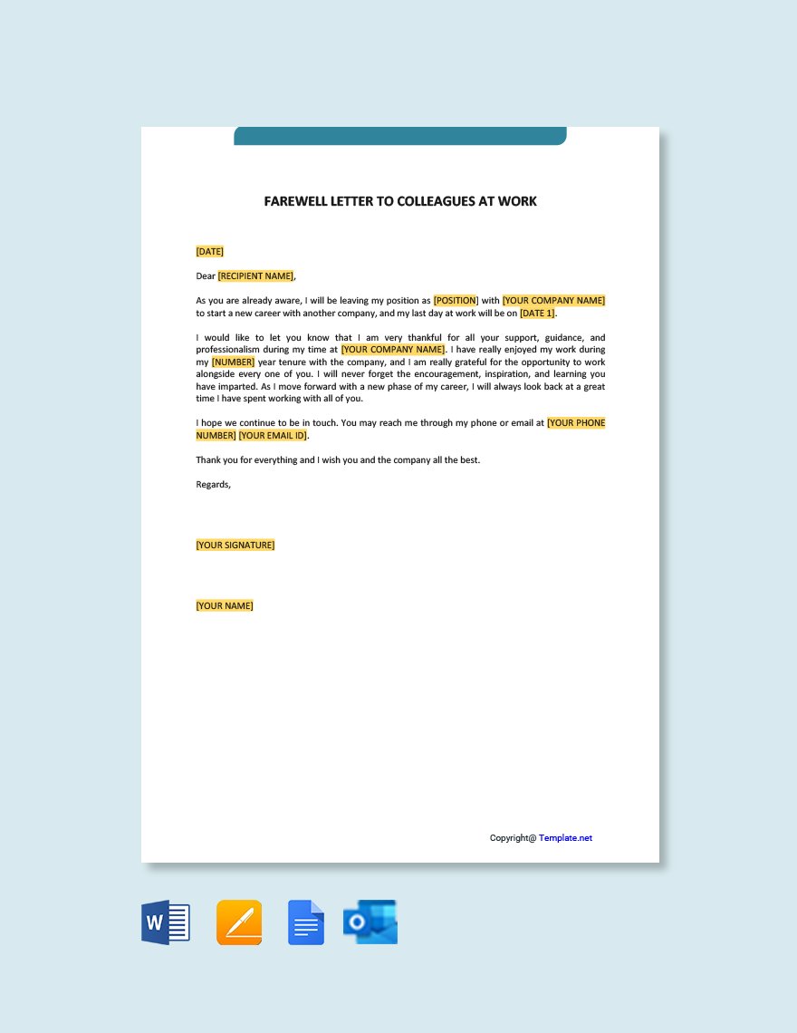 Farewell Letter to Colleagues at Work Template