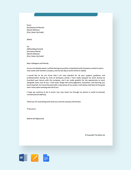 FREE Employee Farewell Letter Template - Word | Google Docs | Apple ...