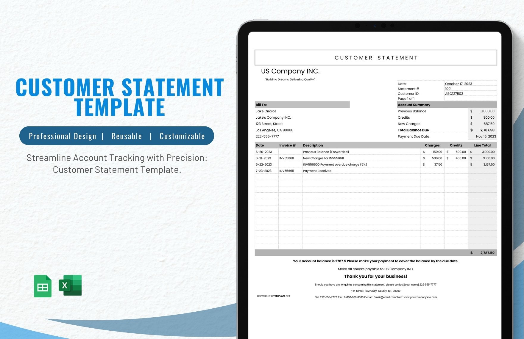 Free Customer Statement Template in Excel, Google Sheets