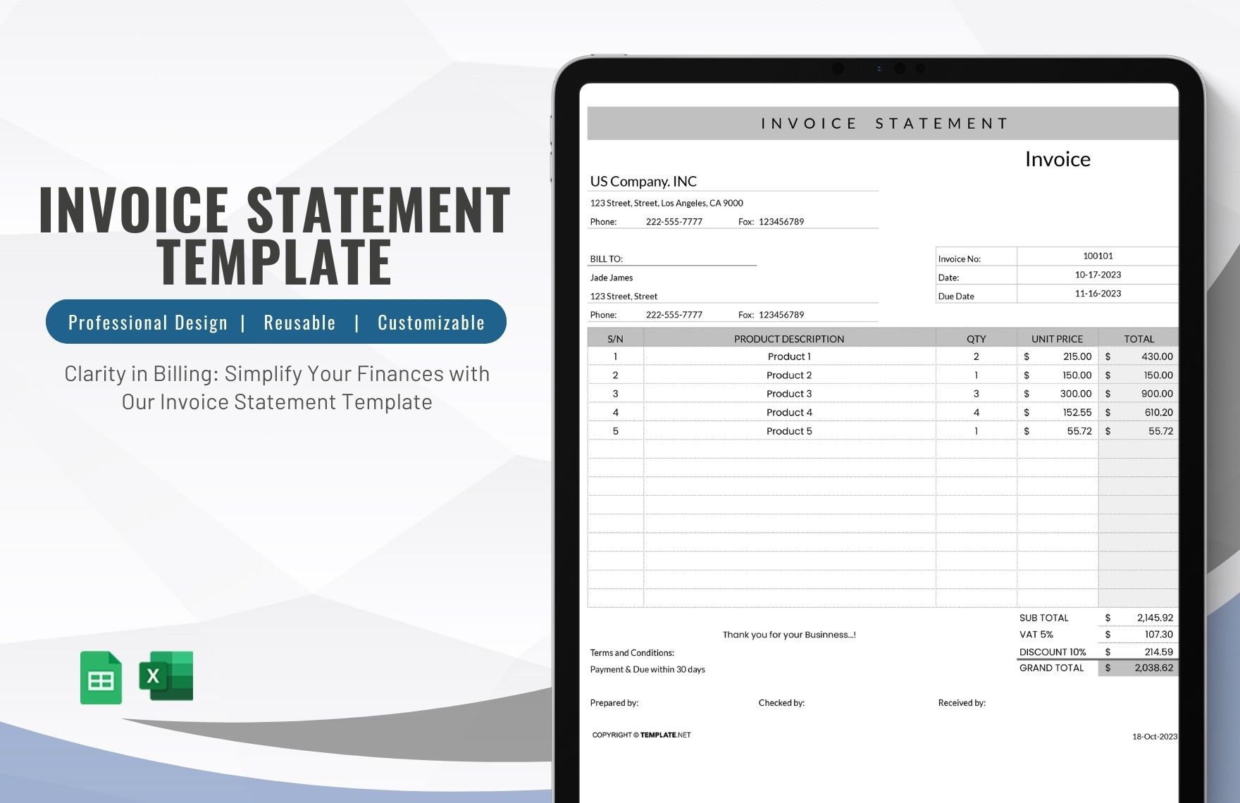 Free Invoice Statement Template in Excel, Google Sheets