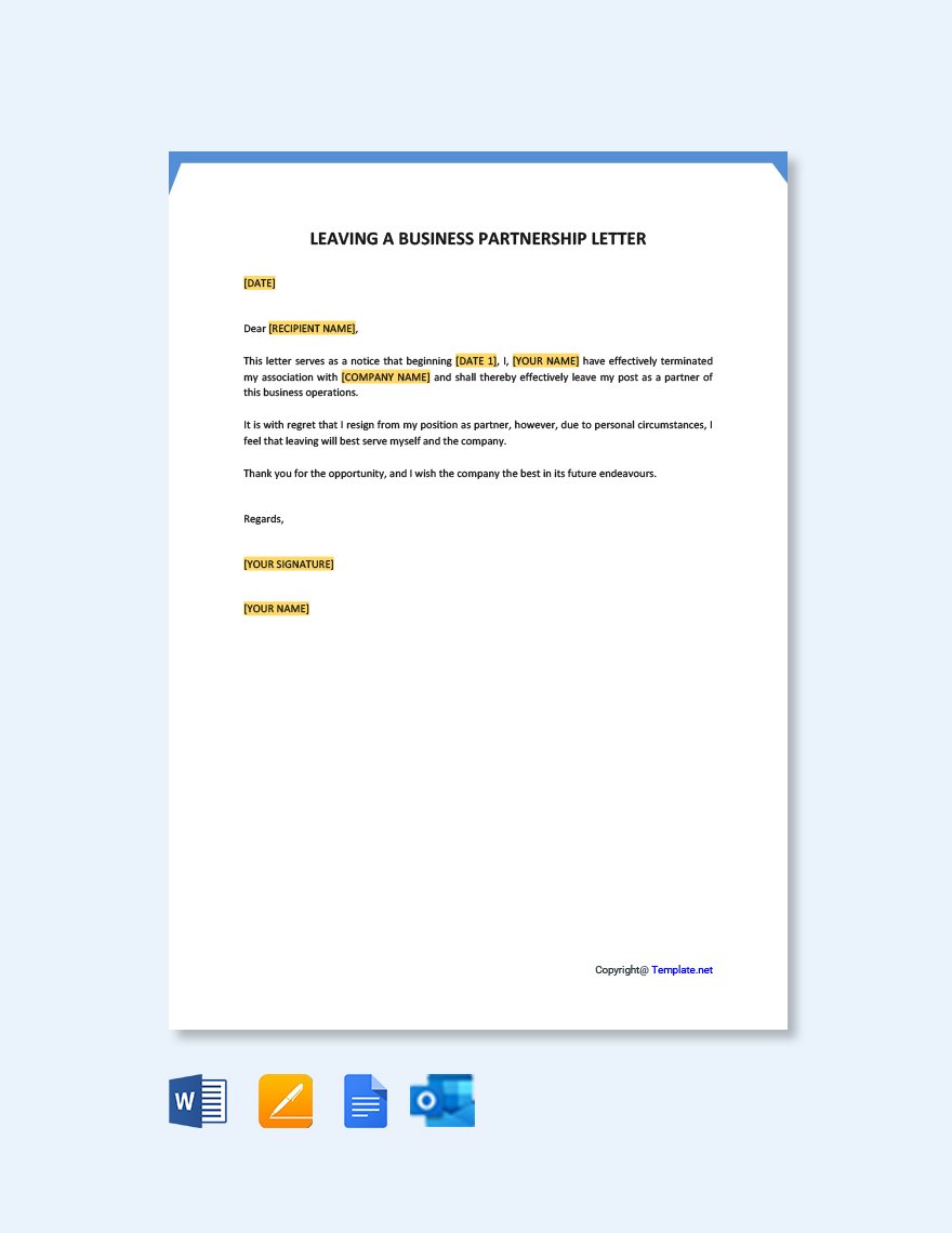 Leaving A Business Partnership Letter Template in Word, Google Docs, PDF, Apple Pages, Outlook