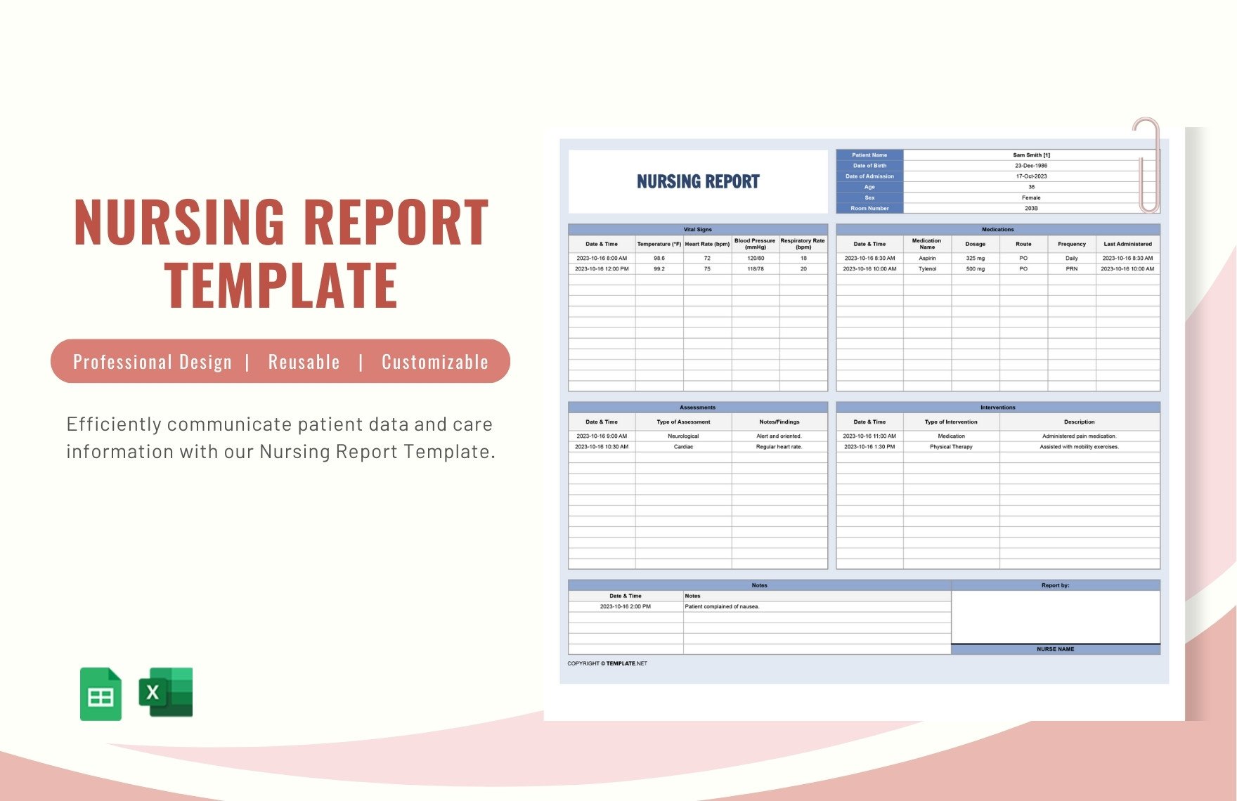 Nursing Report Template in Excel, Google Sheets