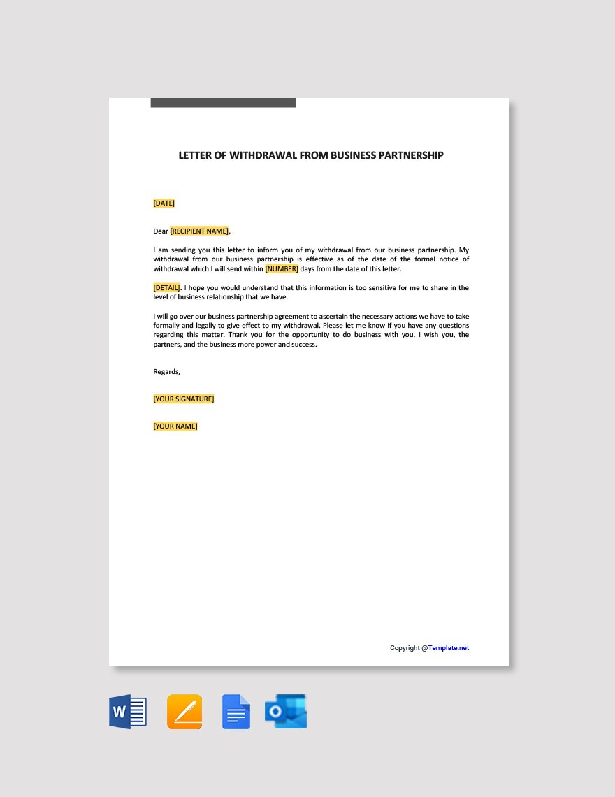Letter of Withdrawal from Business Partnership Template in Word, Google Docs, PDF, Apple Pages, Outlook
