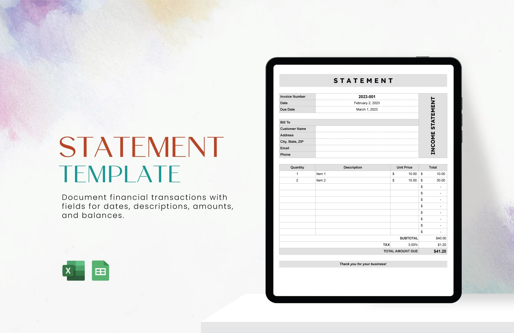 Free Statement Template in Excel, Google Sheets