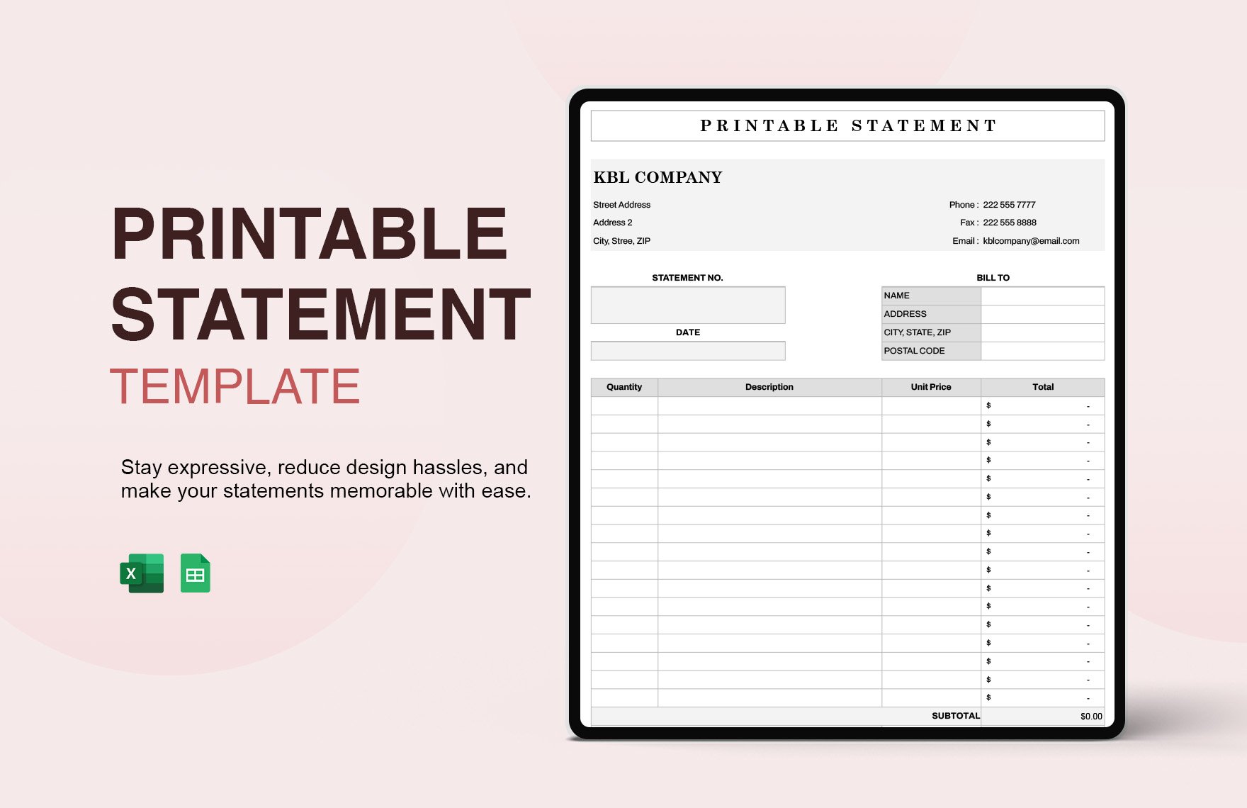 Free Printable Statement Template in Excel, Google Sheets
