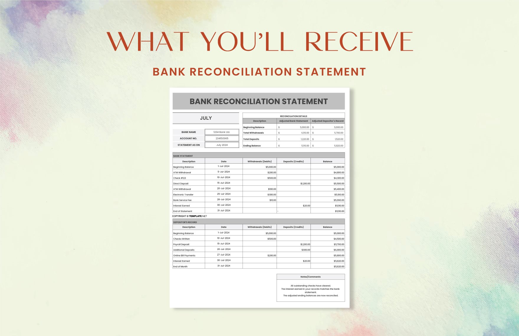 Bank Reconciliation Statement Template