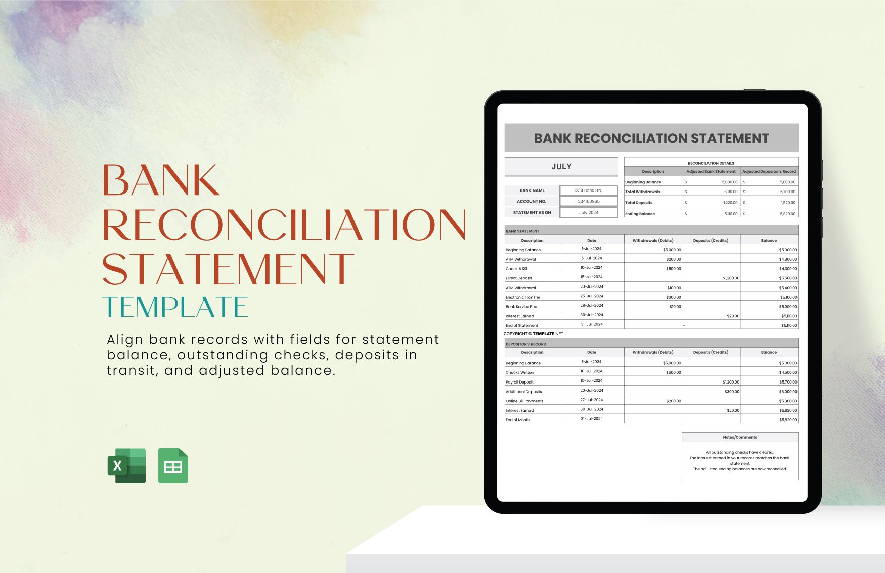 Bank Reconciliation Statement Template in Excel, Google Sheets