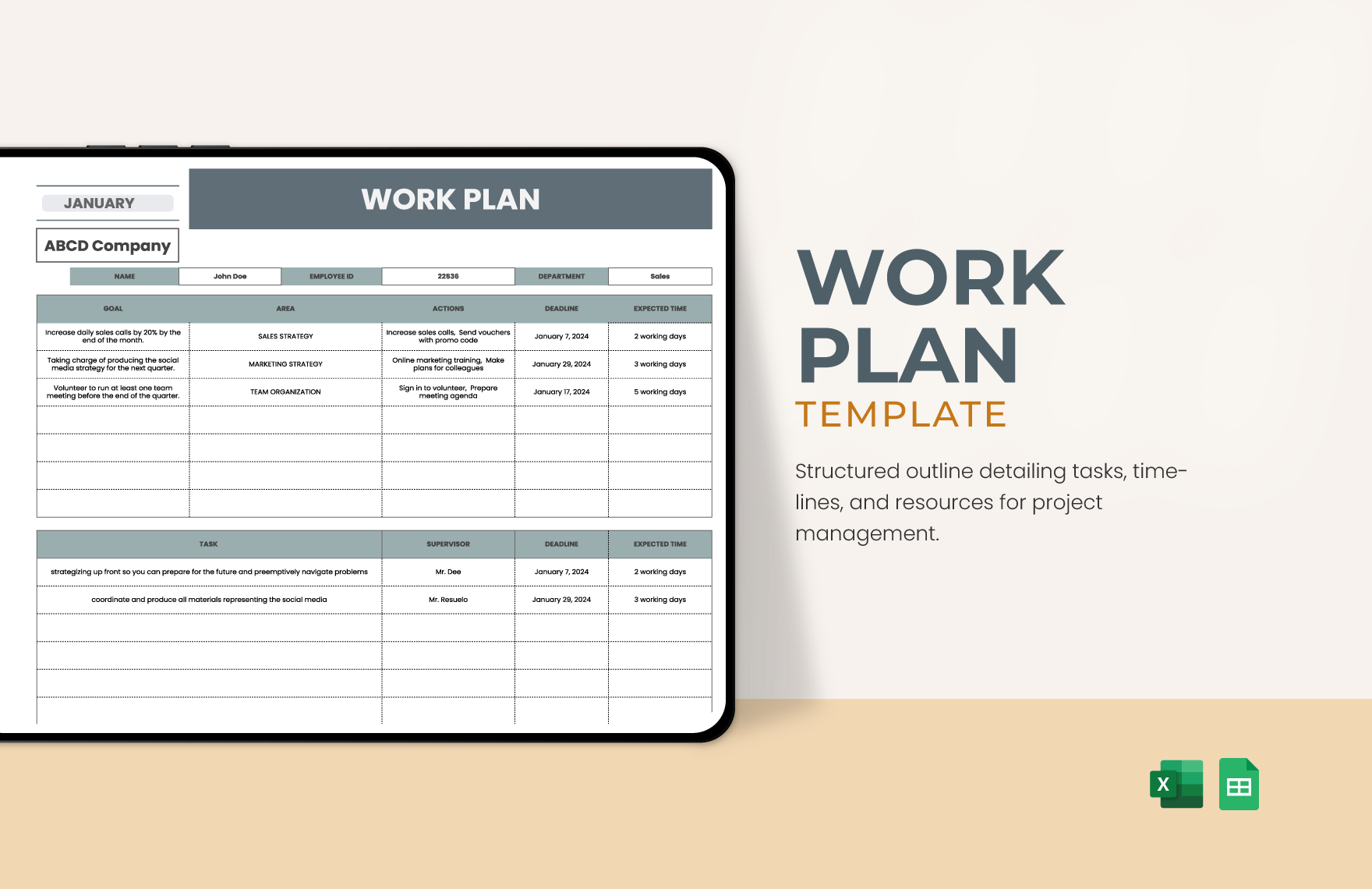 Free Work Plan Template in Excel, Google Sheets