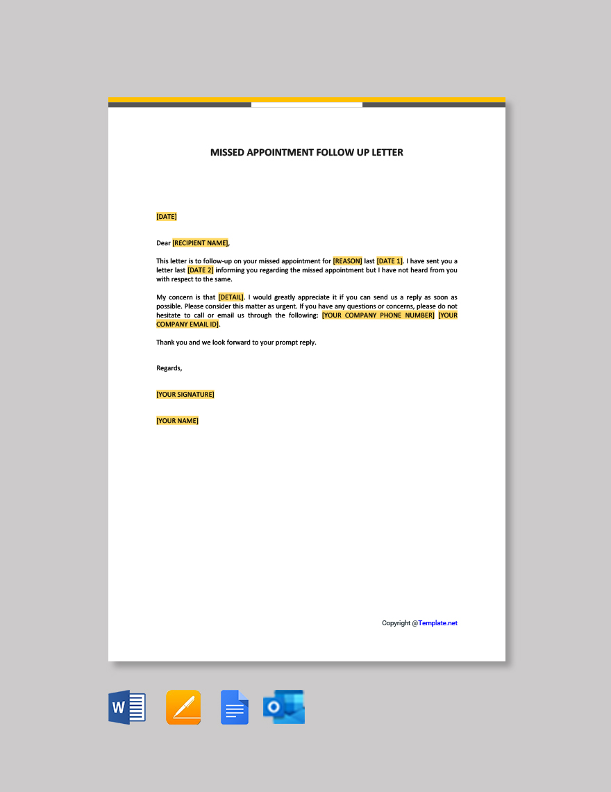 Missed Appointment Follow-up Letter Template in Google Docs, Pages, Word, Outlook, PDF - Download | Template.net