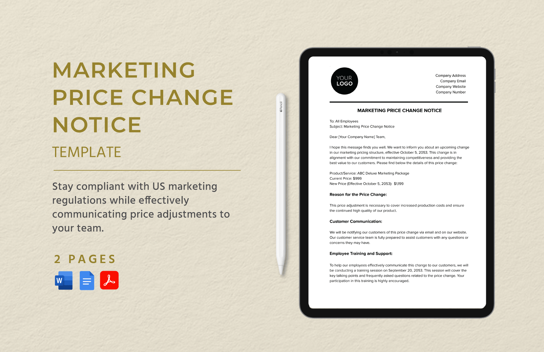 Marketing Price Change Notice Template in Word, Google Docs, PDF