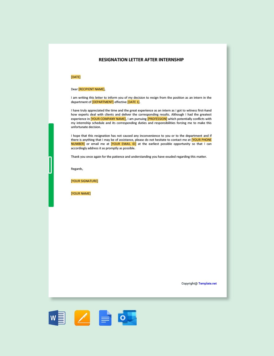 Resignation Letter After Internship in Word, Google Docs, PDF, Apple Pages, Outlook