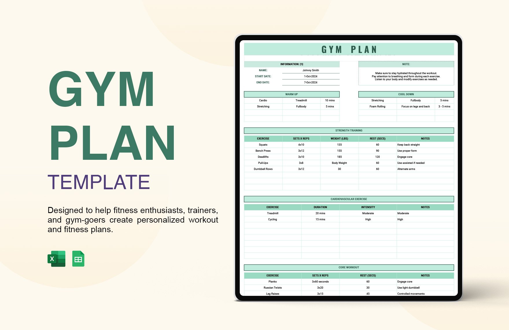 Gym Plan Template in Excel, Google Sheets