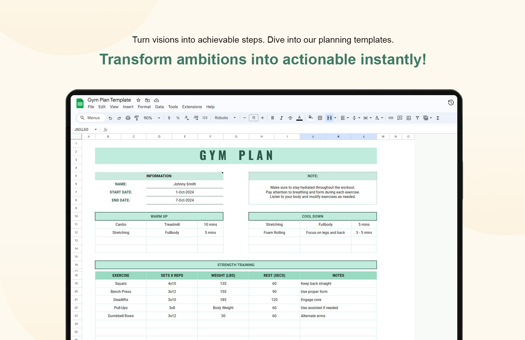 Gym Plan Template in Excel, Google Sheets - Download | Template.net