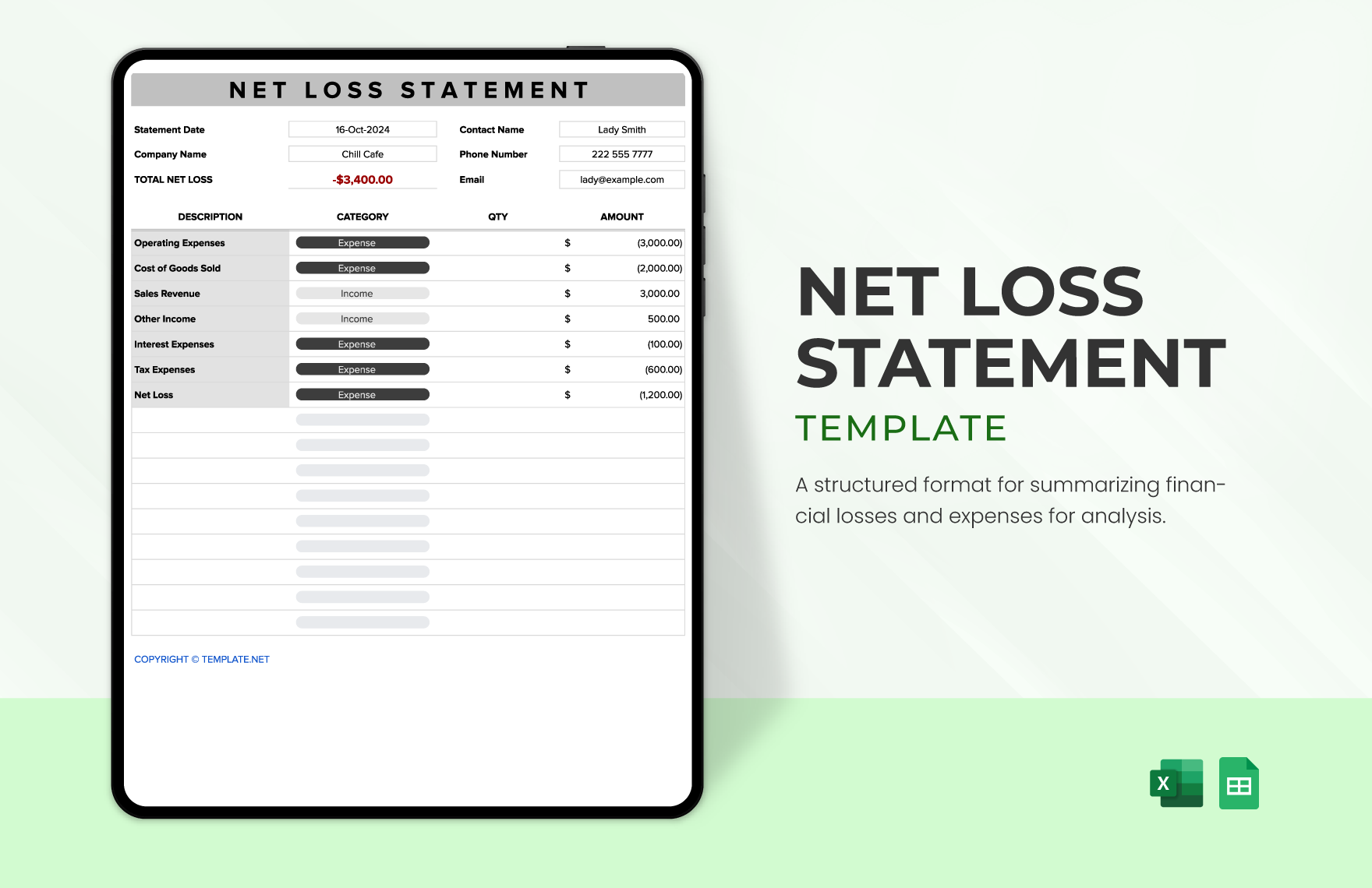Free Net Loss Statement Template in Excel, Google Sheets