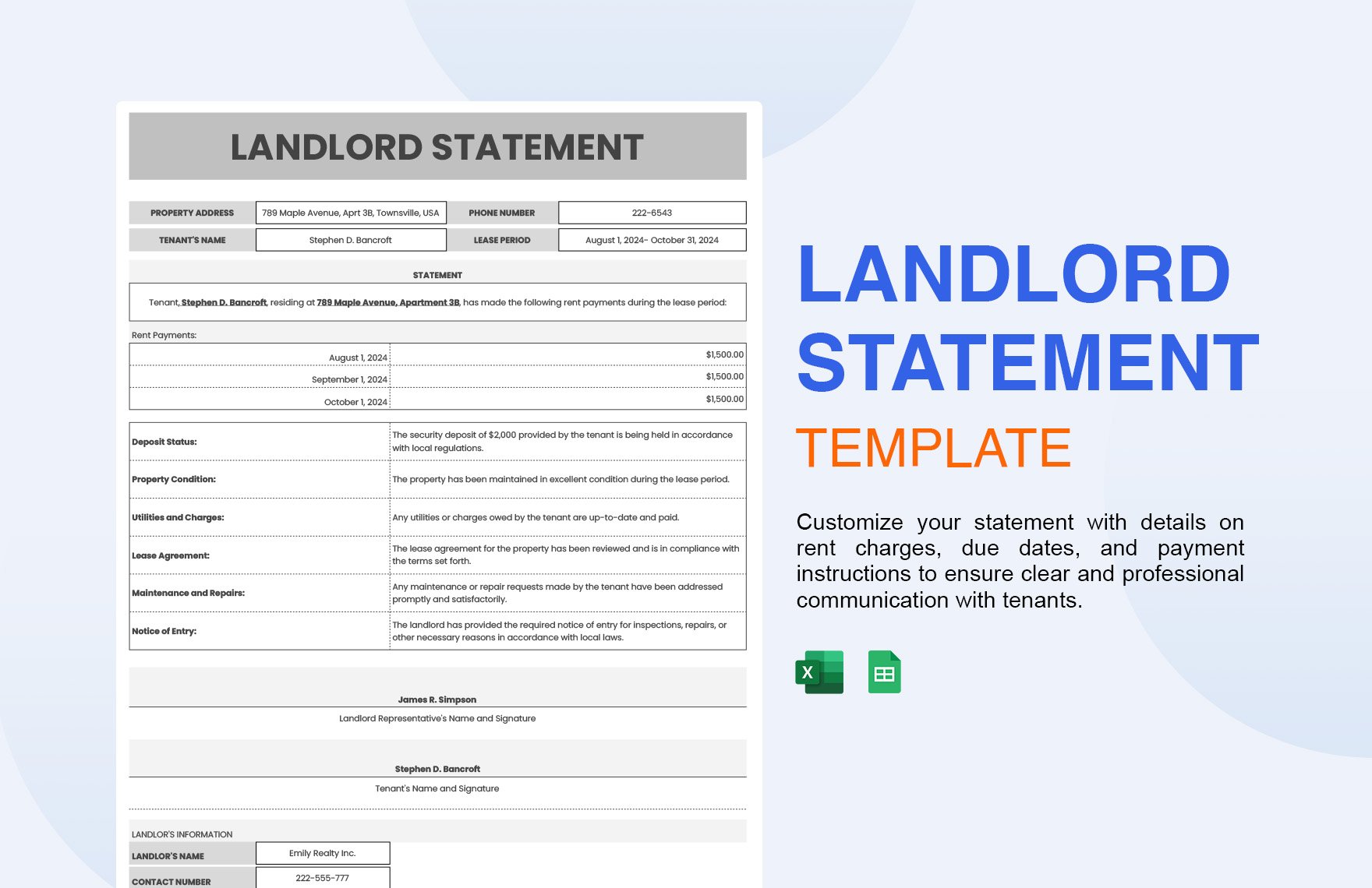 Free Landlord Statement Template in Excel, Google Sheets