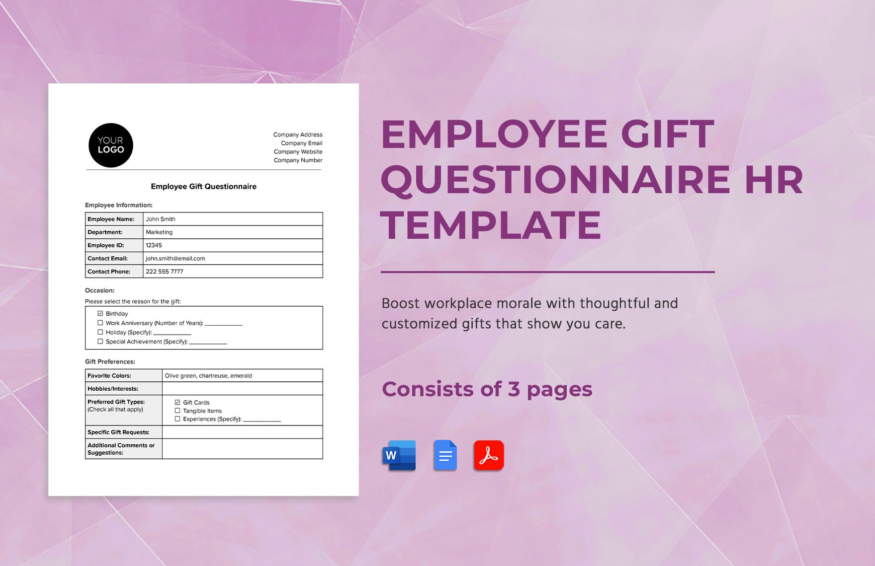 Employee Gift Questionnaire HR Template in Word, Google Docs, PDF