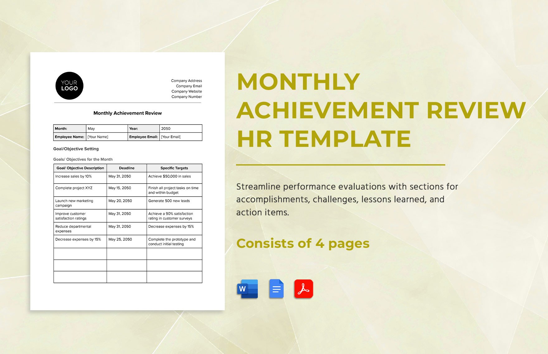 Monthly Achievement Review HR Template in Word, Google Docs, PDF