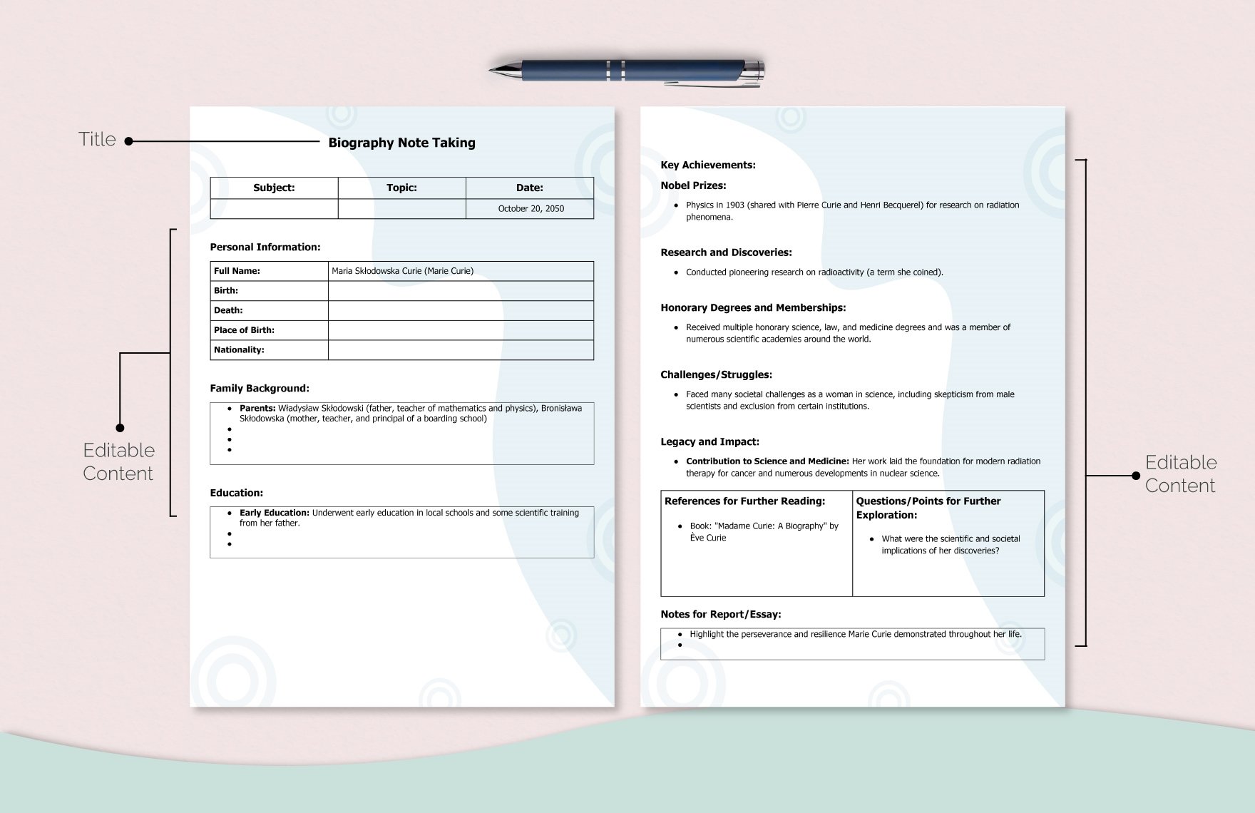 Biography Note Taking Template