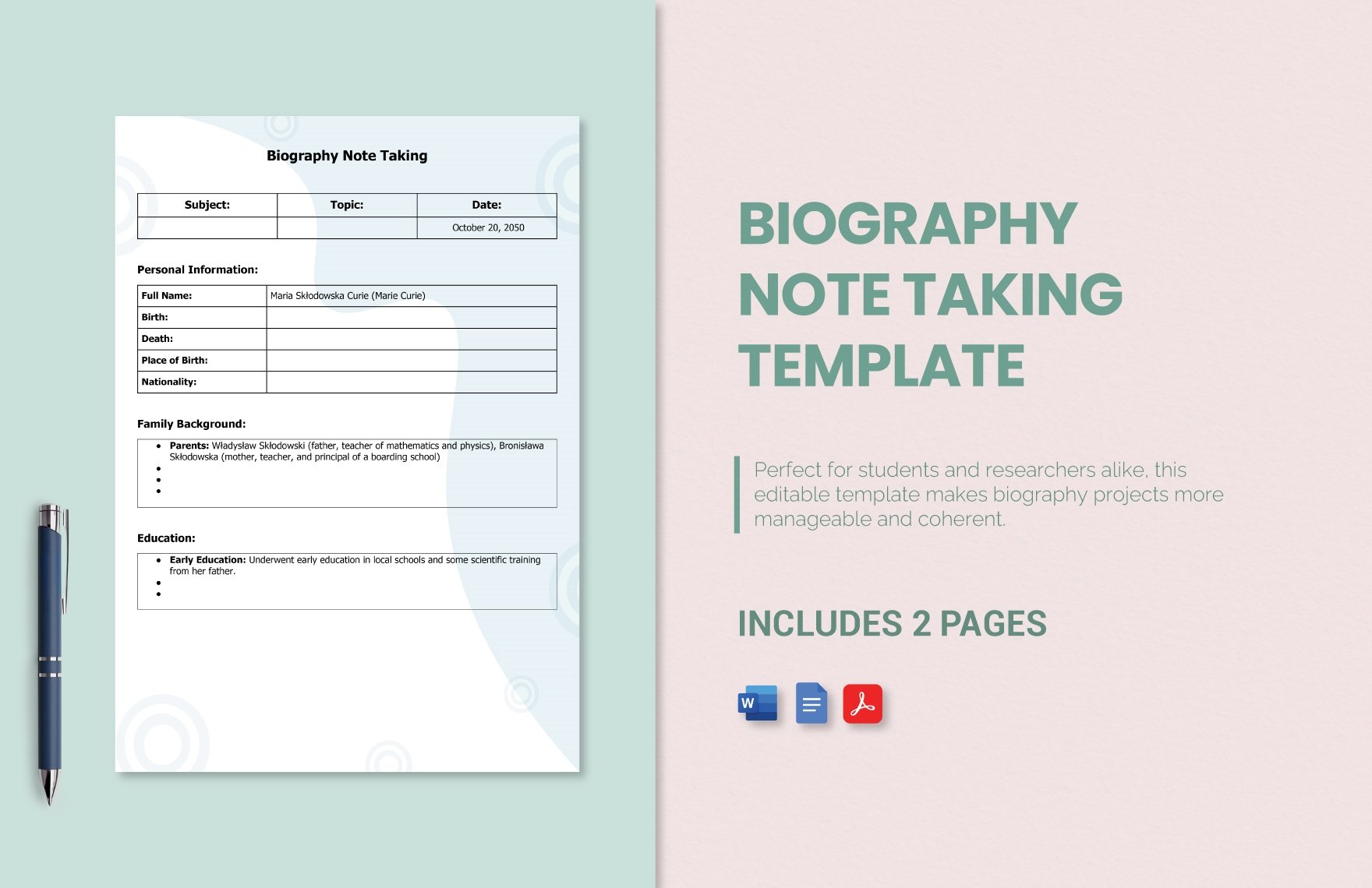Free Biography Note Taking Template in Word, Google Docs, PDF