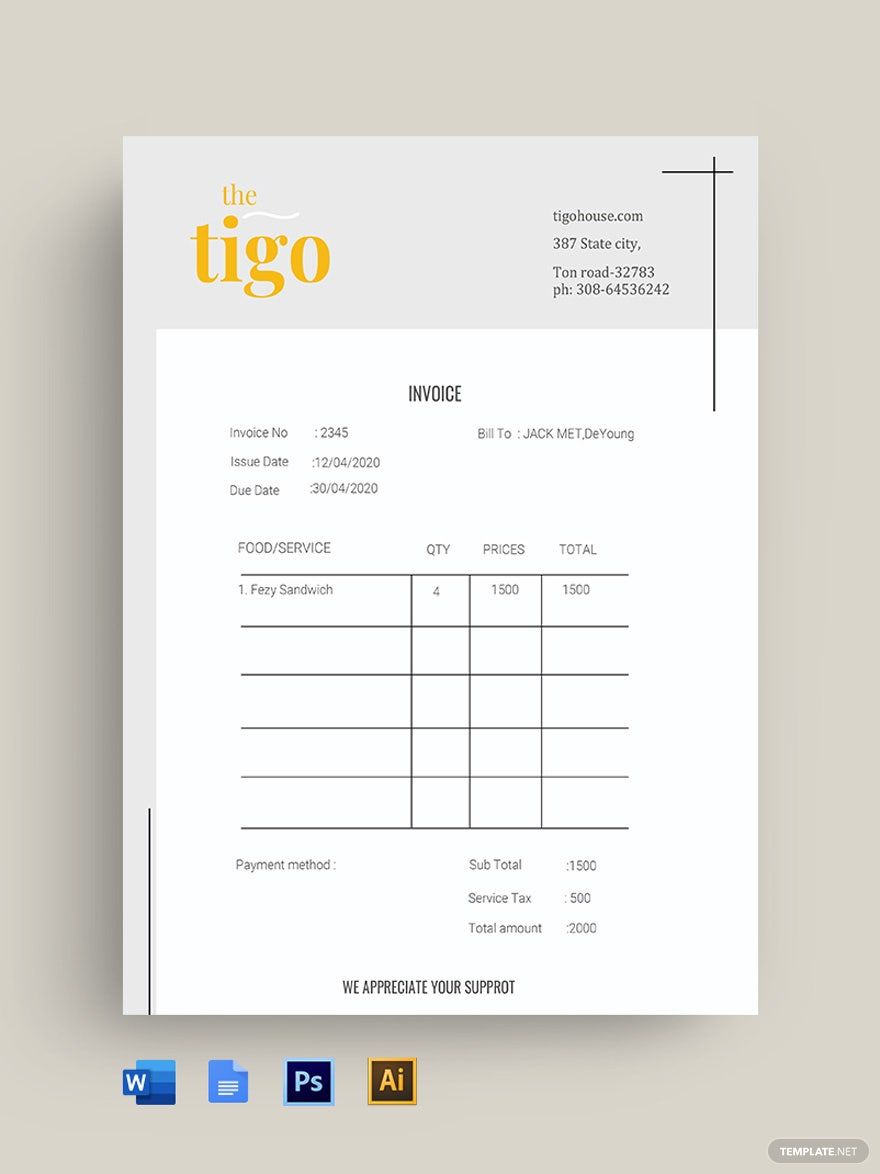 Restaurant Invoice Word Templates Design Free Download Template net