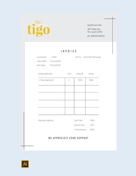 View Restaurant Invoice Template Free PNG