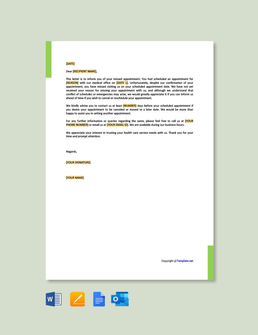 Missed appointment letter for medical office Template