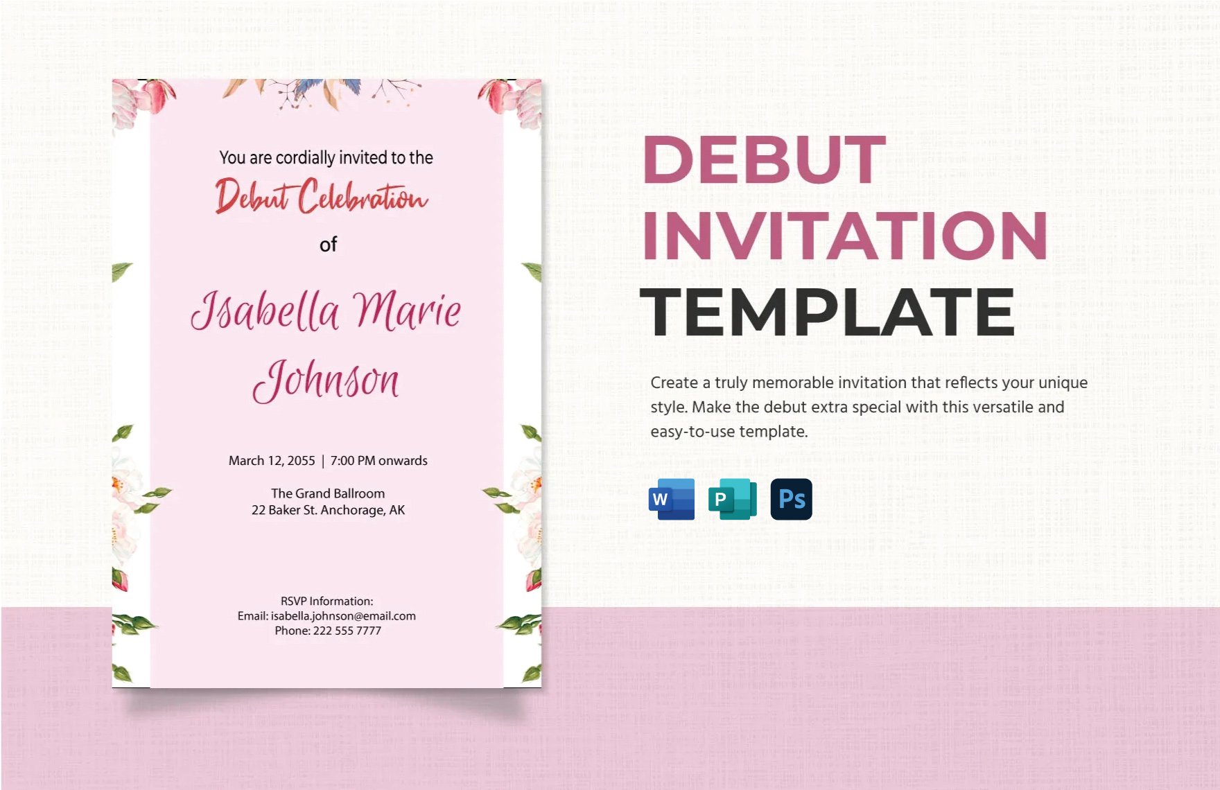 Debut Invitation Template in Word, PSD, Apple Pages, Publisher
