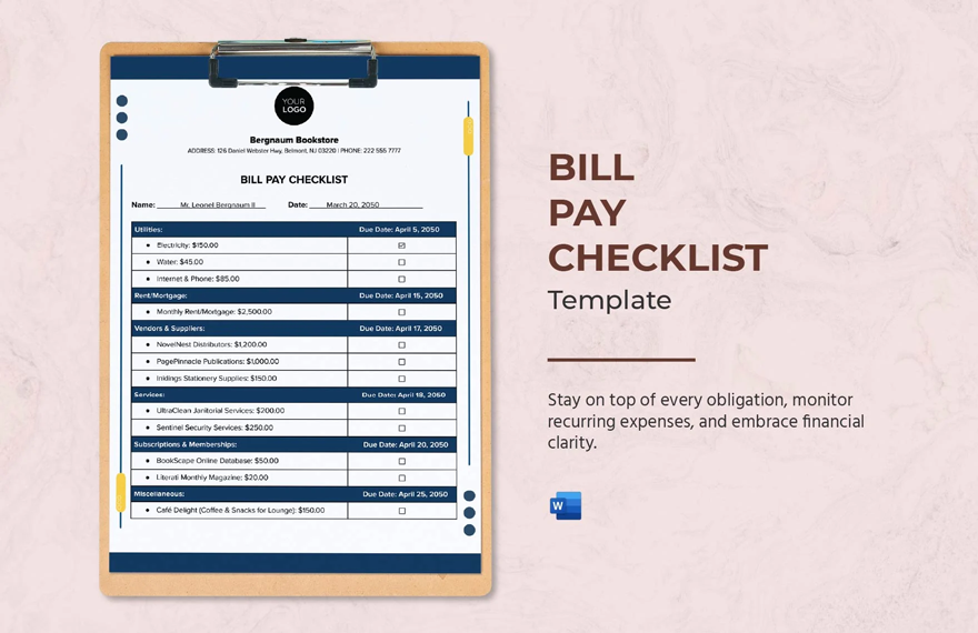 Bill Pay Checklist Template in Word