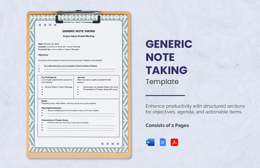 Generic Note Taking Template in Word, Google Docs, PDF