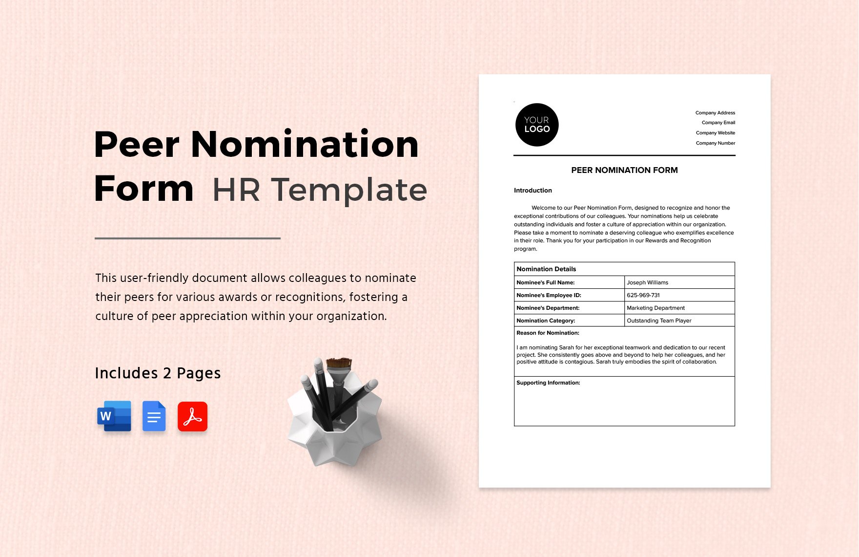 Peer Nomination Form HR Template in Word, Google Docs, PDF