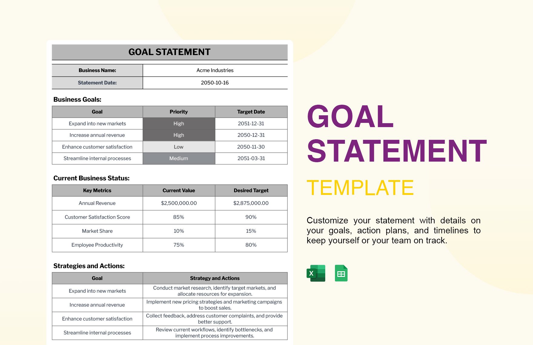 Free Goal Statement Template in Excel, Google Sheets, Adobe XD