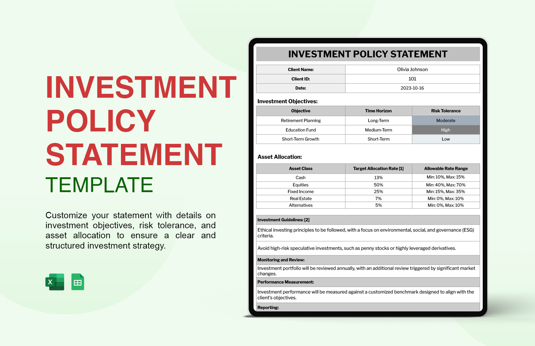 Investment Policy Statement Template In Excel Google Sheets Download 