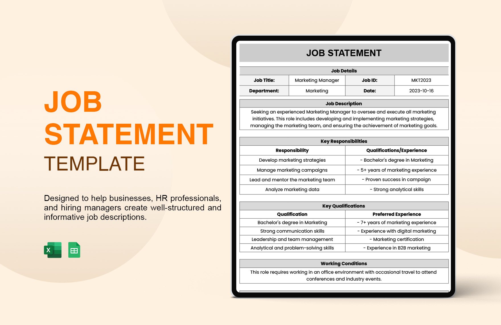 Free Job Statement Template in Excel, Google Sheets