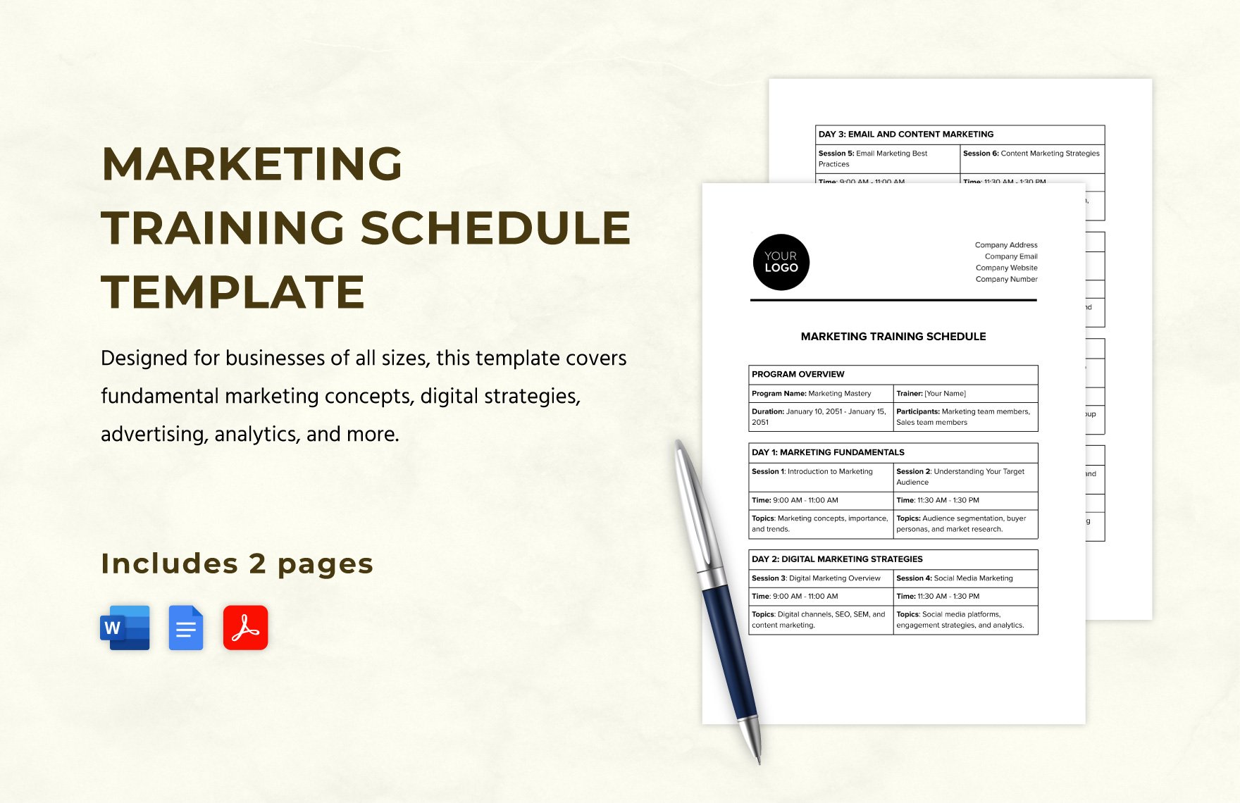 Marketing Training Schedule Template in Word, Google Docs, PDF