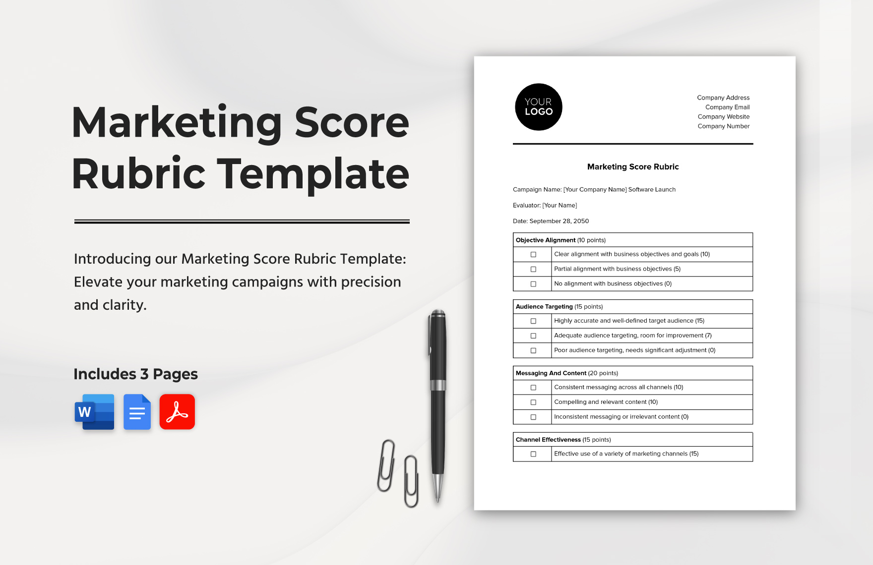 Marketing Score Rubric Template in Word, Google Docs, PDF