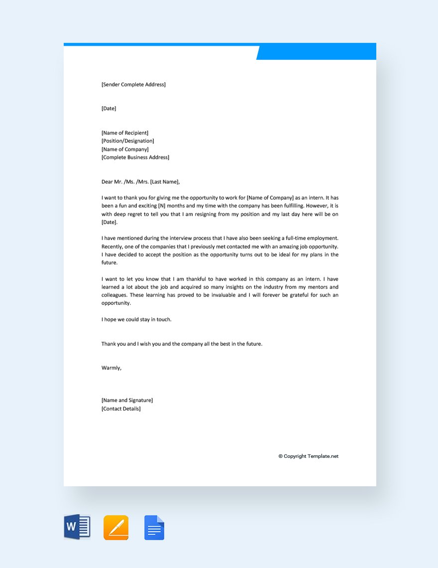 Training Internship Resignation Letter Template
