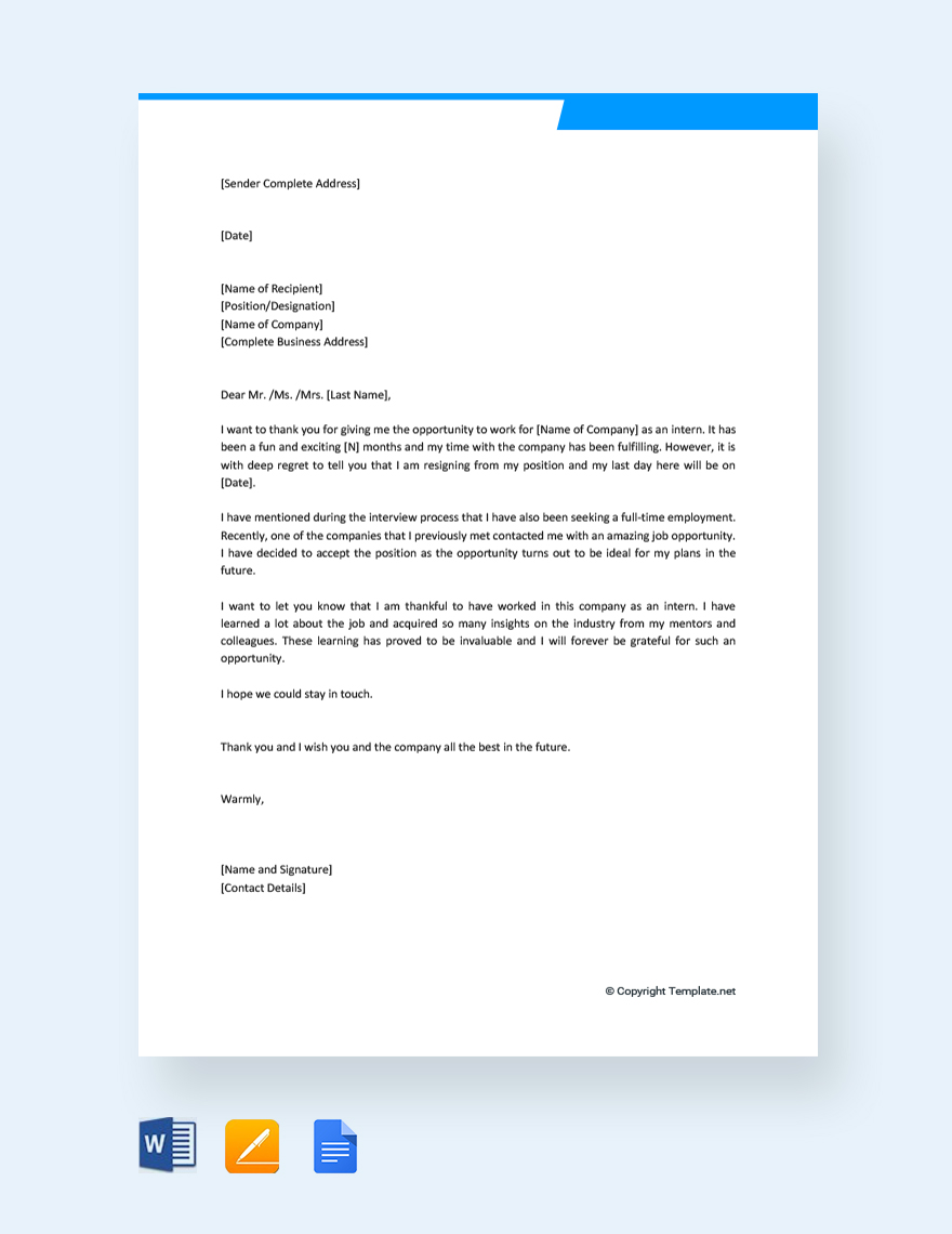 Training Internship Resignation Letter Template