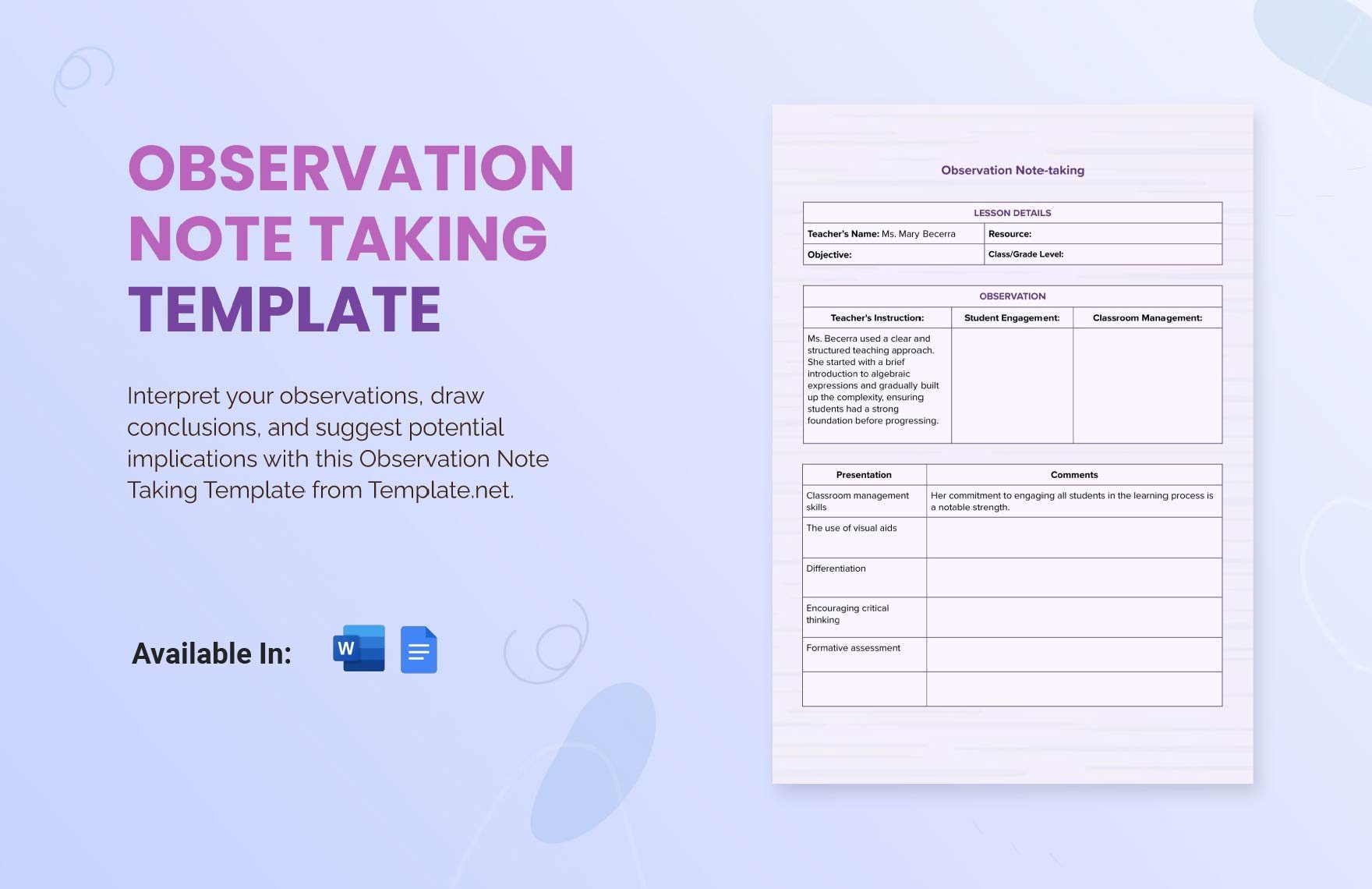 Observation Note Taking Template 