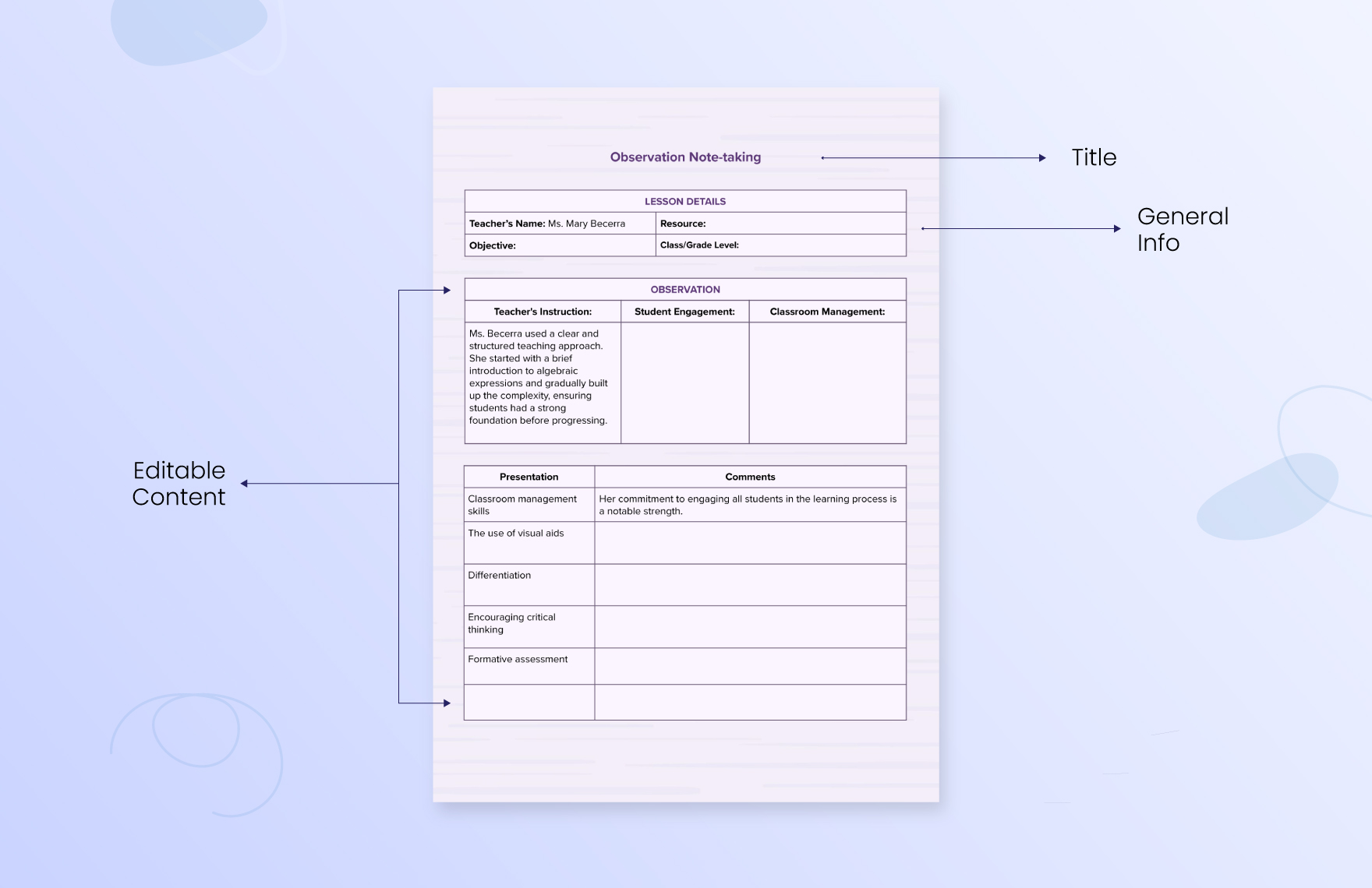 Observation Note Taking Template
