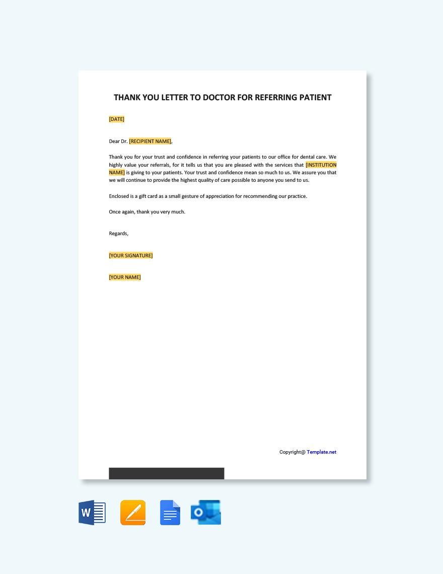 Thank You Letter To Doctor For Referring Patient in Google Docs, Pages, Word, Outlook, PDF - Download | Template.net