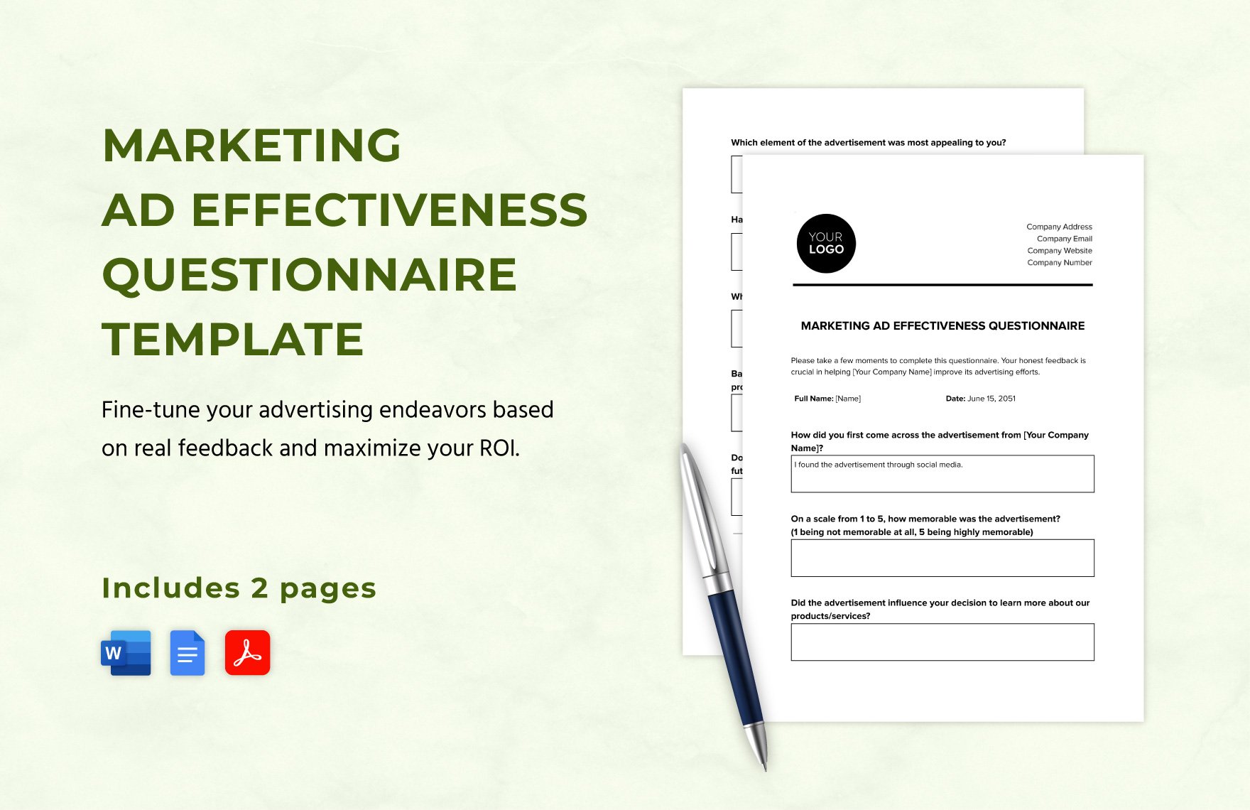 Marketing Ad Effectiveness Questionnaire Template in Word, Google Docs, PDF